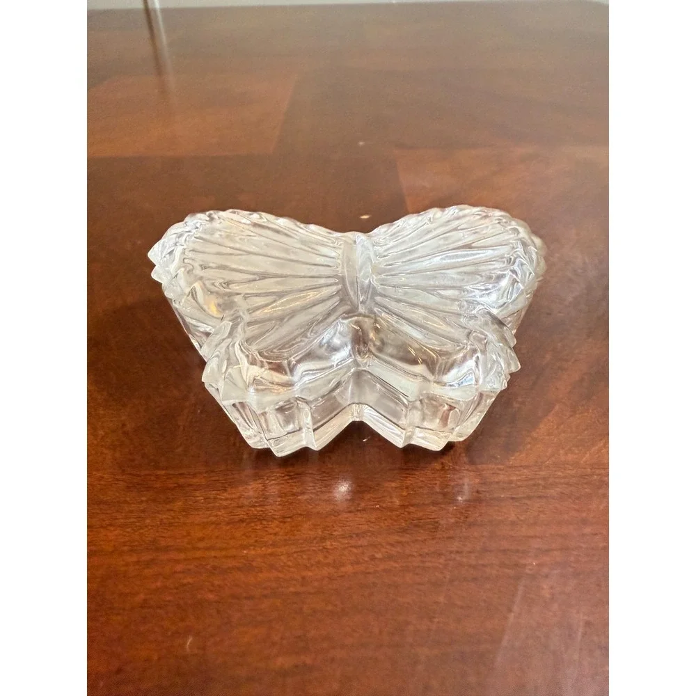 Vtg‎ Clear Glass Butterfly Trinket Box Jar Vanity Dish Jewelry Holder